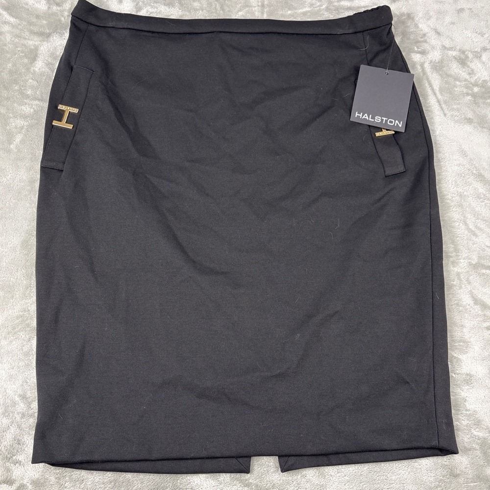 Halston Black Pencil Skirt Gold Logo Hardware HS4G2AJD Mens L New